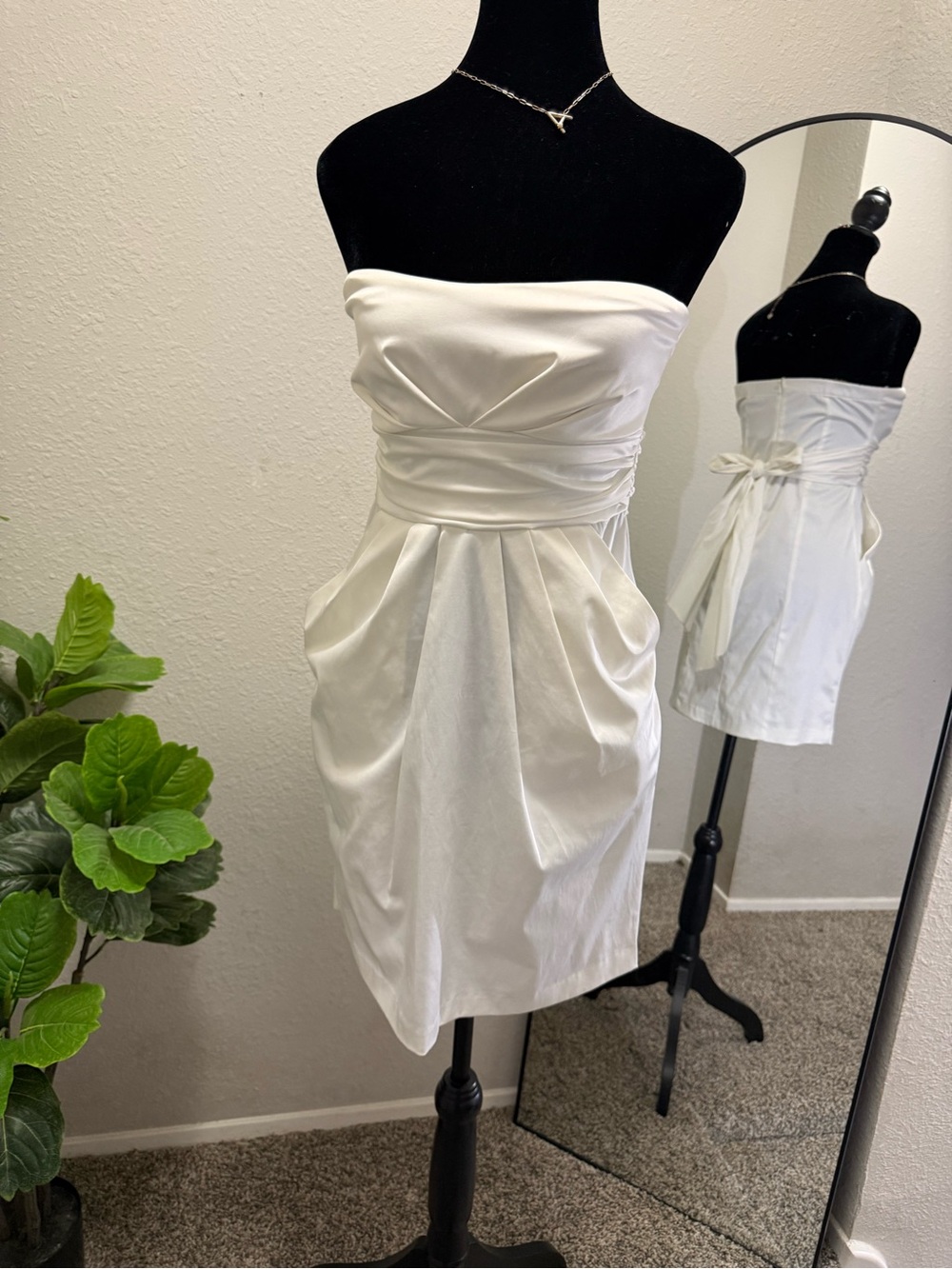 Mystic Strapless White Cocktail Dress with Draped Waist and Tie-Back